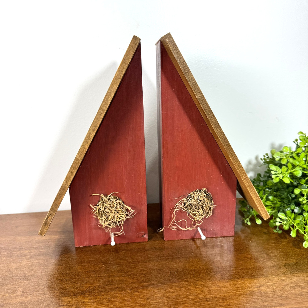 Handmade Wooden Birdhouse Bookends Primitive Country Farmhouse Decor Pair